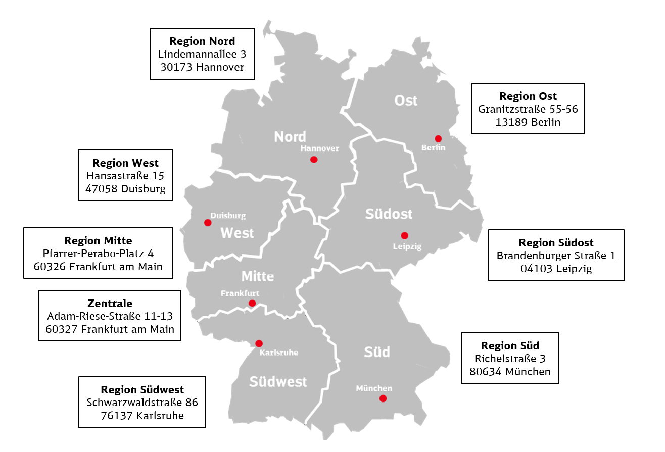 Karte mit den Adressen der Regionen der DB InfraGO AG